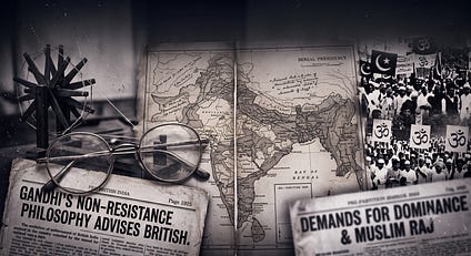 Sepia collage of Gandhi-era India with a charkha, spectacles, map, protest crowd, and newspapers on non-resistance and Muslim Raj debates.
