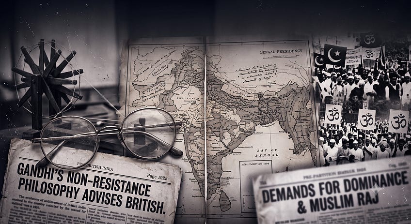 Sepia collage of British India map, spinning wheel, Gandhi-era newspapers, spectacles, and crowd images evoking non-resistance and communal politics.