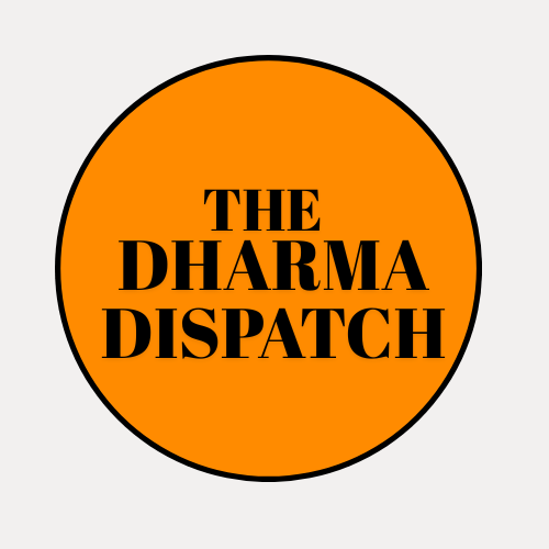 Orange circular logo with black serif text reading The Dharma Dispatch, used for the article Gandhi's Fatal Illusion of Brotherhood.