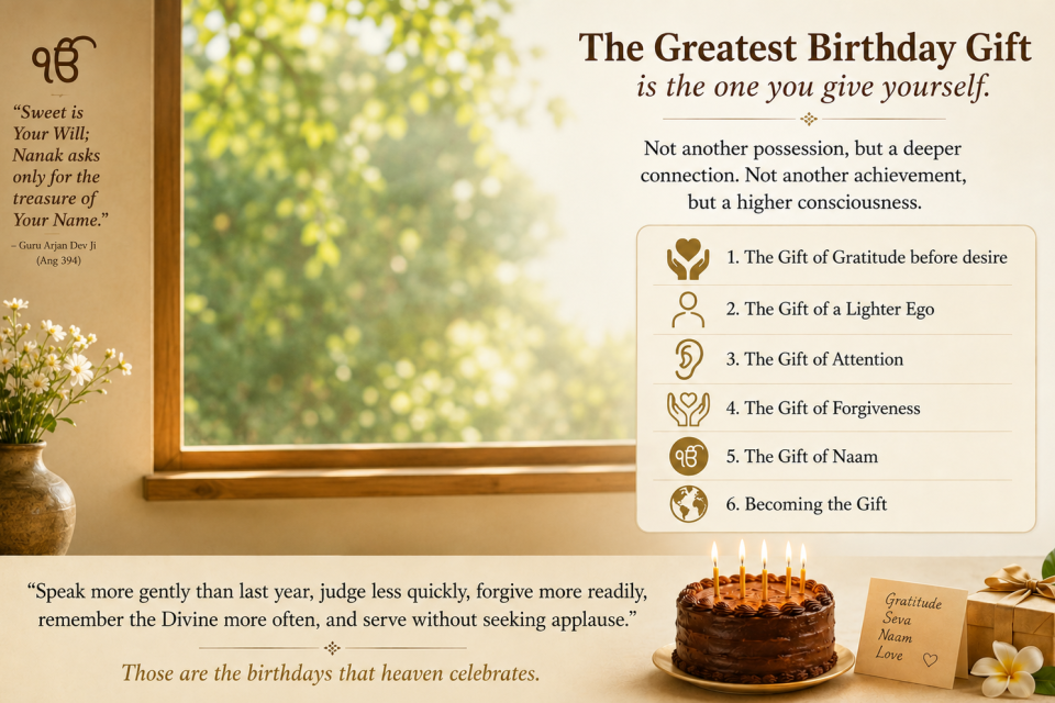 Inspirational SikhNet graphic titled The Greatest Birthday Gift, showing a Guru Nanak quote, sunlit window, gratitude list, birthday cake, flowers and wrapped gift.