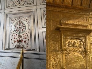 Ornate marble floral inlay and gilded carved panels inside a Sikh sacred space, evoking Guru Nanak's birthday message of devotion and self-giving.