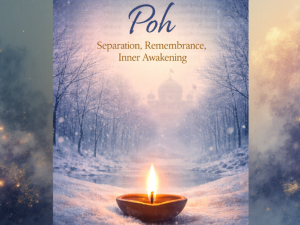 A glowing oil lamp on a snowy forest path with the word Poh above, evoking remembrance, inner awakening, and Guru Nanak's spiritual gift.
