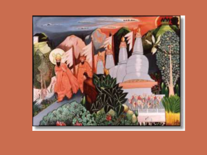 Illustration of Guru Nanak in orange robes with a halo, set among mountains, trees, flowers, and a white temple-like monument in a SikhNet article image.