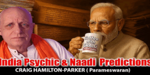 Thumbnail showing Craig Hamilton-Parker beside a portrait of Narendra Modi, with text about India psychic and Naadi predictions, for HHR World Focus news.