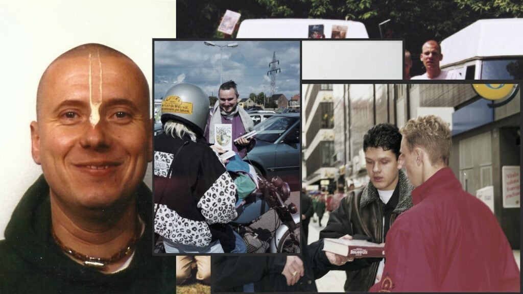 Collage for Samadhi of the Unknown Sankirtana Devotees showing a devotee portrait and street sankirtana book distribution scenes.
