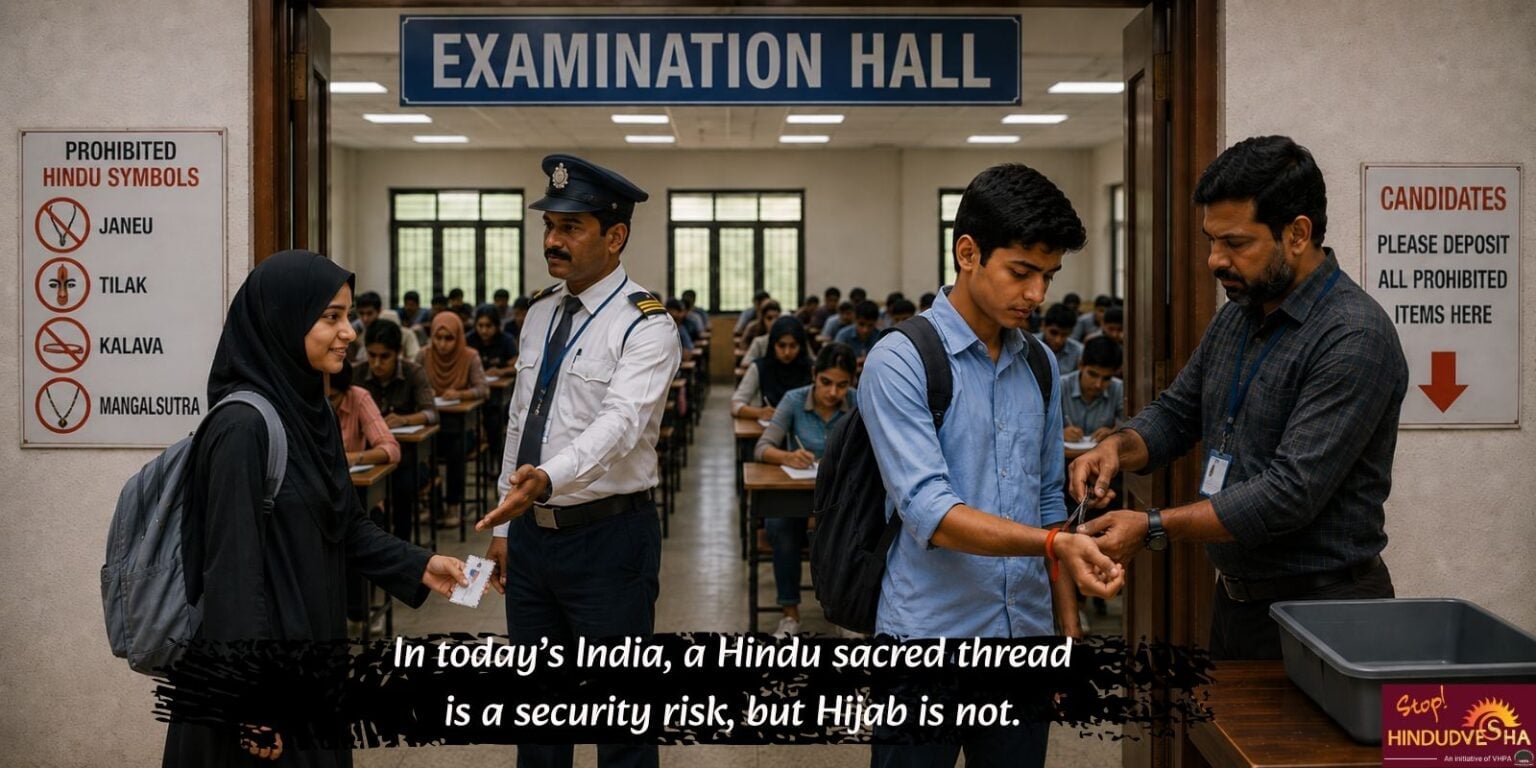 Exam hall entrance in Bharat showing security checks, a student’s kalava being removed, and posters listing prohibited Hindu symbols like janeu and tilak.
