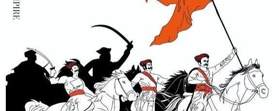Stylized Bharat history artwork of Maratha horsemen with saffron flag, reflecting northern campaigns that weakened Mughal and Afghan power.