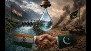 Symbolic India-Pakistan handshake over shared Indus waters, with flags, dams, mountains and drought imagery reflecting Bharat geopolitics.