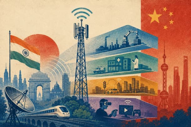 Illustration of Bharat and China 5G network slicing, with telecom tower, Indian flag, city, train, hospital, factories, transport and VR services.