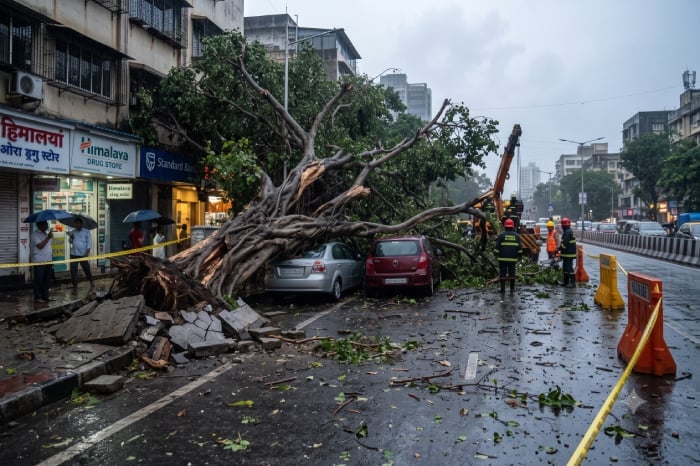 Rain-soaked city road blocked by a fallen tree crushing parked cars, with emergency crews and barricades highlighting civic disruption and administrative apathy