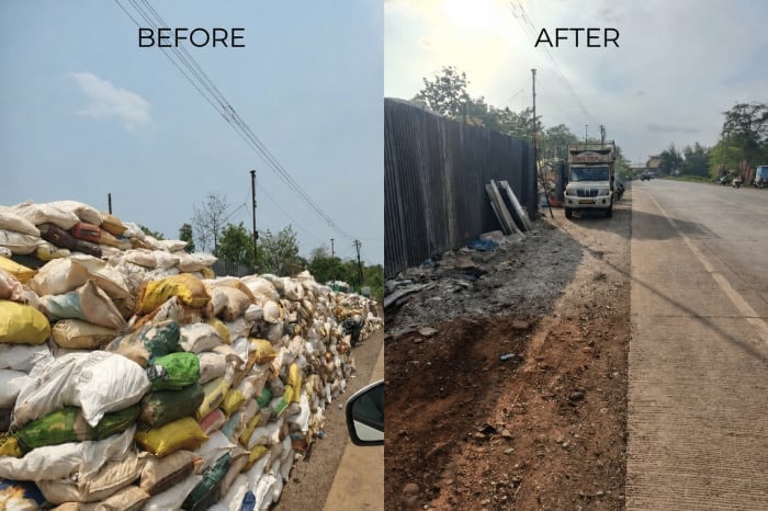 Before-and-after view of roadside waste cleanup linked to Surajya Abhiyan concerns over pollution, administrative apathy and river protection