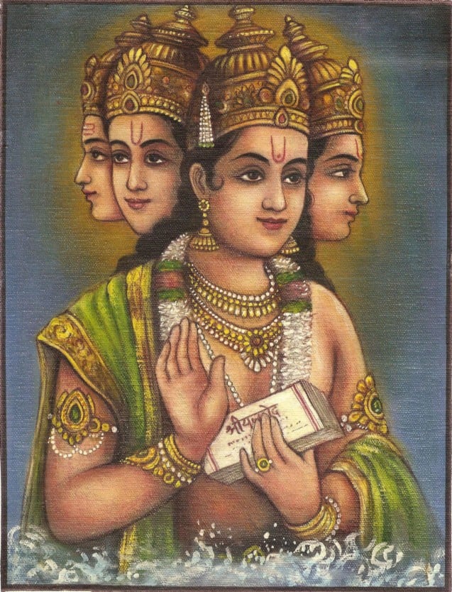Traditional devotional painting of four-headed Lord Brahma wearing golden crowns, holding scripture and raising a blessing hand in Hindu sacred art.