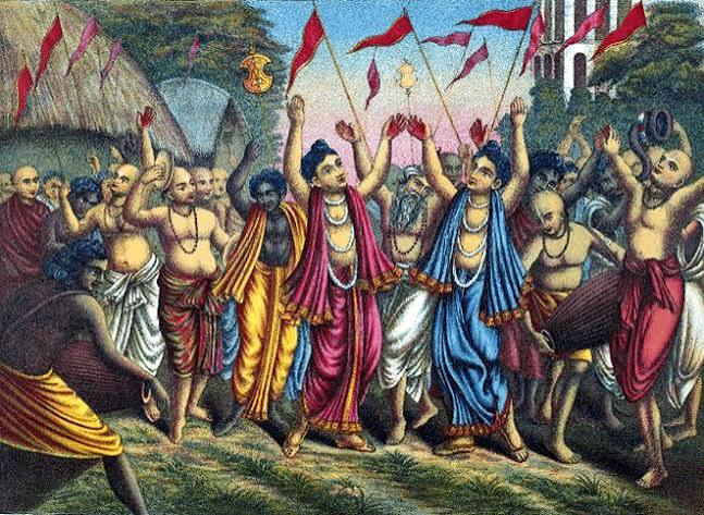 Traditional Gaudiya Vaishnava painting of Lord Caitanya’s sankirtan, with devotees dancing, drummers, flags, and raised hands in ecstatic kirtan.