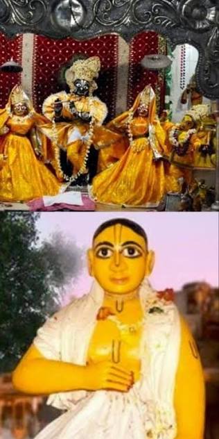Devotional collage for Vakresvara Pandit Appearance showing temple deities in yellow garments above a painted saint figure in white cloth.