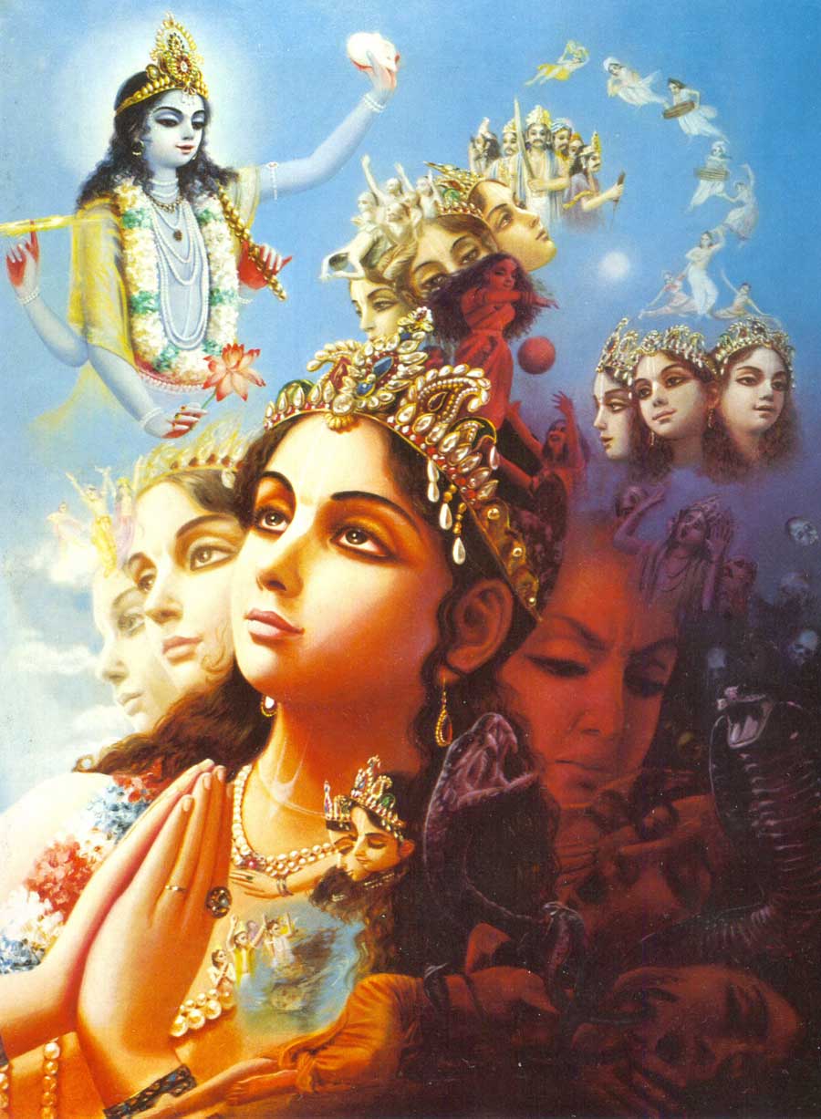 Devotional painting of Lord Krishna above a humbled four-headed Brahma with folded hands, surrounded by many Brahmas and celestial forms.