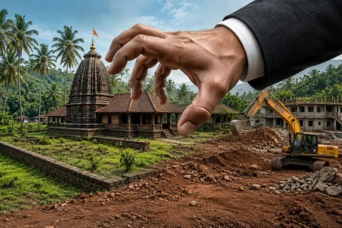 Composite image of a temple amid Konkan greenery, construction excavation and a large hand, symbolizing concerns over sacred Devrai land transfer.