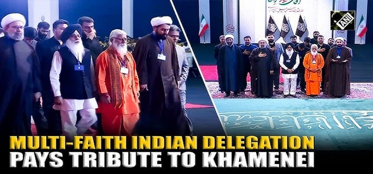 Split-screen news still of a multi-faith Indian delegation in Tehran, with Hindu and clerical figures shown during tribute coverage about Ali Khamenei and India-Iran relations.