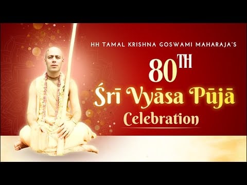 Thumbnail for Srila Tamal Krishna Goswami Maharaj 80th Vyasa Puja Celebration, showing him seated against a red devotional background.