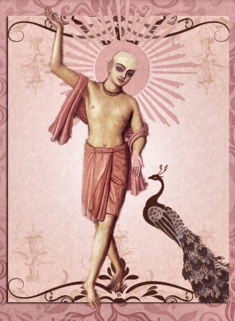 Devotional illustration of Srila Vakresvara Pandita dancing with raised arm, halo rays, pink robes, and a peacock beside him.