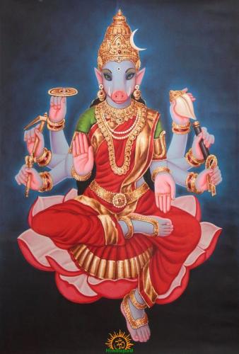 Goddess Varahi Devi, boar-faced Hindu deity and Sapta Matrika, seated on a lotus with crown, jewelry, and sacred weapons.