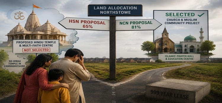Illustration of Northstowe land allocation signs showing HSN temple proposal 65% not selected and NCN church-Muslim project 81% selected in Cambridgeshire.