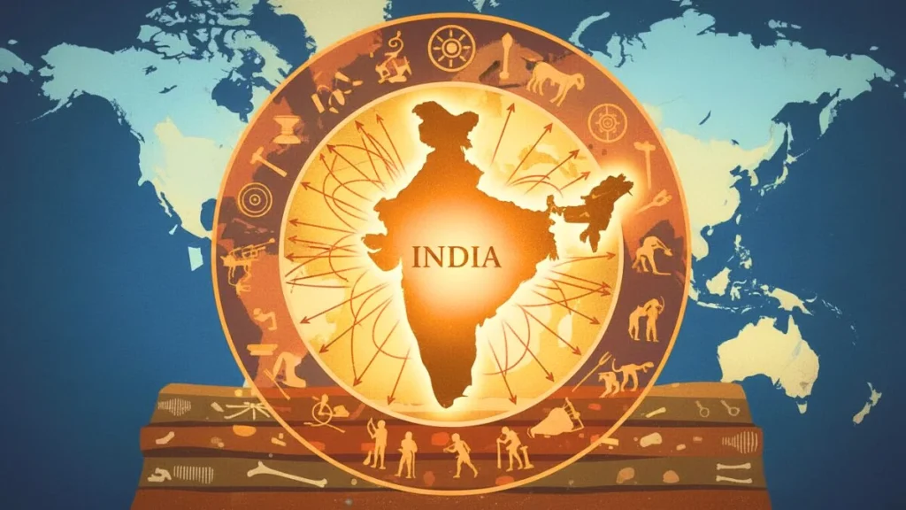 Stylized map of Bharat/India glowing at the center of a world map, with migration arrows and cultural symbols for History and Hindu Dharma.