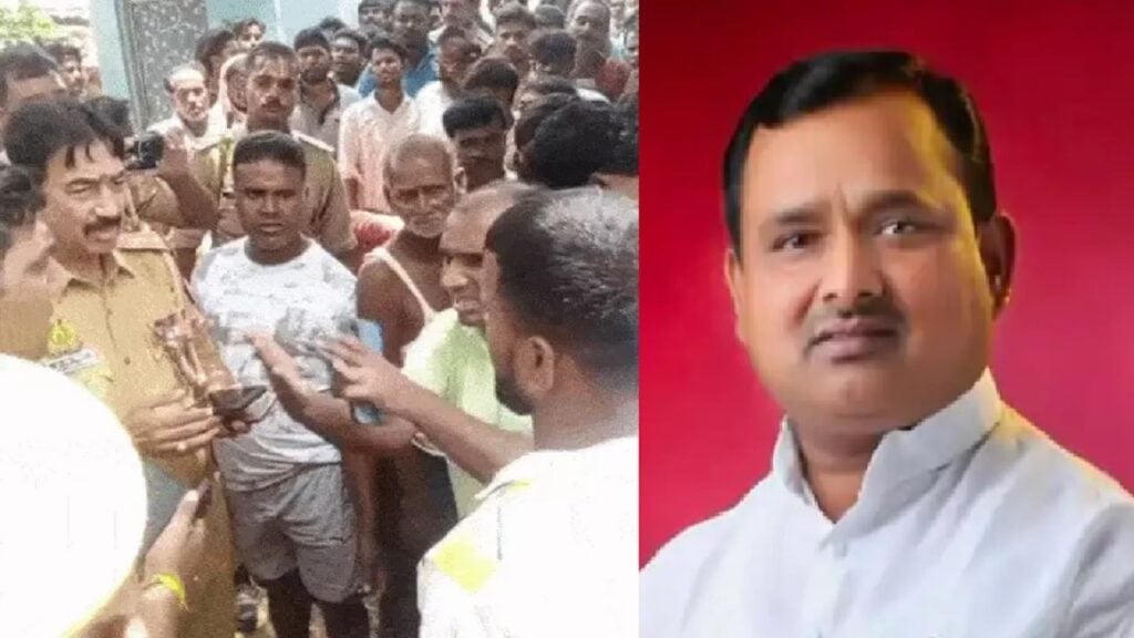 प्रयागराज, उत्तर प्रदेश में पुलिस और भीड़ की तस्वीर के साथ सपा विधायक हाकिम लाल बिंद का चित्र, दो भाइयों की मौत और जमीन विवाद FIR खबर