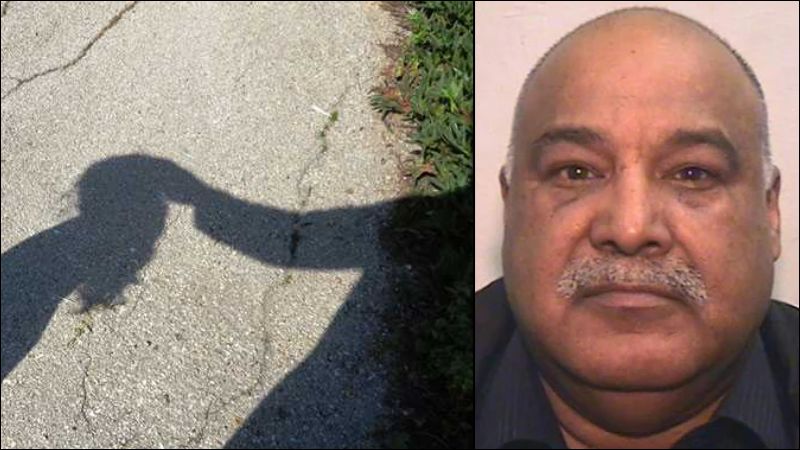 Composite image showing a shadowed hand grabbing a child-like silhouette beside a portrait reported as Shabir Ahmed, linked to Hindi Islamism coverage.