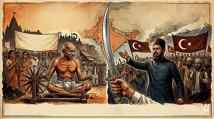 Illustration of Gandhi beside a spinning wheel facing a sword, crowds, and Ottoman-style flags in a scene about non-violence and Indian history.