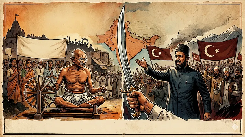 Stylized illustration of Gandhi at a spinning wheel opposite Khilafat-era protesters with crescent flags, divided by a sword over a map of India.