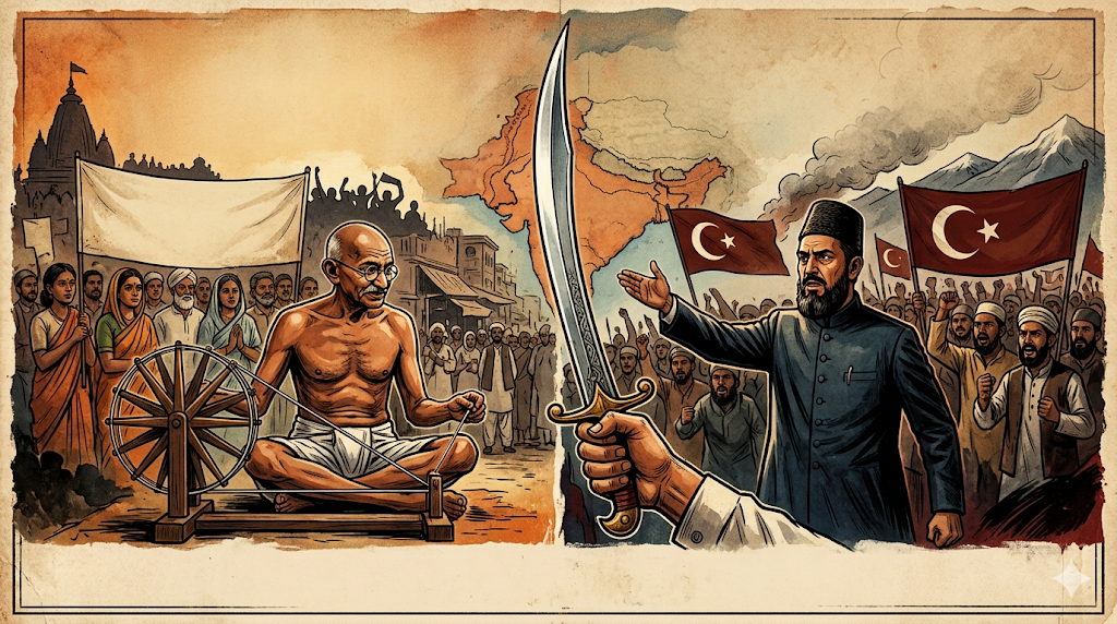 Illustration of Gandhi at a spinning wheel facing a sword-wielding Khilafat-era crowd, symbolizing debates over non-violence, nationalism, and India.