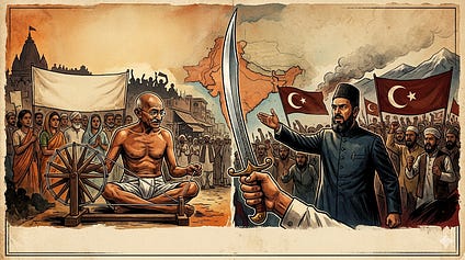 Illustration of Gandhi seated by a spinning wheel opposite armed Ottoman-era figures with crescent flags, evoking non-violence and Khilafat-era tensions in Indian history.