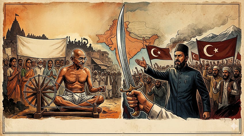 Illustration of Gandhi at a spinning wheel facing a sword-bearing Khilafat-era crowd, symbolizing non-violence and conflict in Indian history.