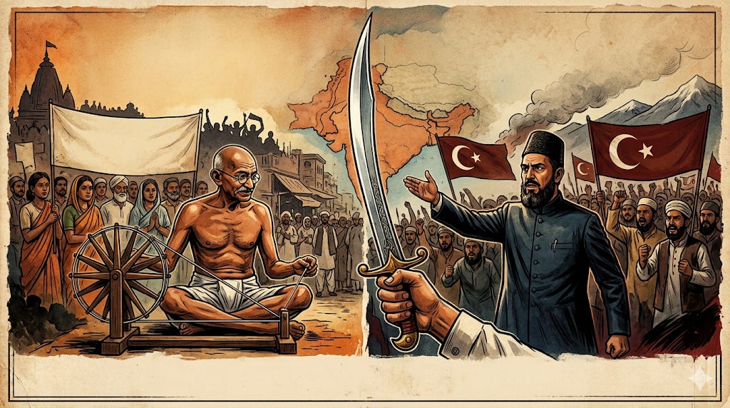 Illustration of Gandhi at a spinning wheel facing a sword and a political rally with crescent flags, symbolizing debates on non-violence in Indian history.