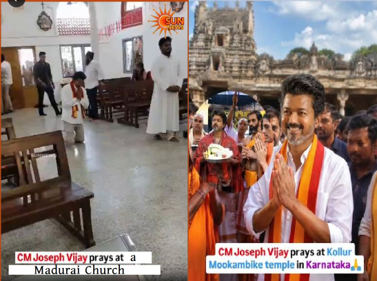 Split image shows Vijay-related prayer scenes at a Madurai church and Kollur Mookambika temple, tied to Hindu Existence cow slaughter ban debate.