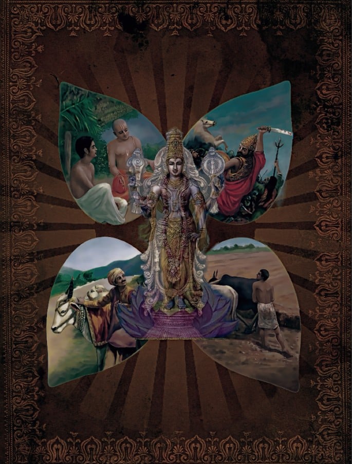 Vedic-style collage of a Vishnu-like deity surrounded by sages, warriors, farmers and workers, illustrating Varnashrama beyond caste by birth.