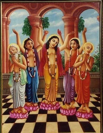 Traditional devotional painting of Sri Panca-Tattva, Lord Caitanya and His associates, dancing on lotus flowers beneath temple arches.
