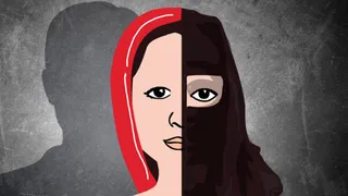 ग्रे पृष्ठभूमि पर आधे उजाले और आधे अंधेरे में घूंघट वाली महिला का चित्र, कानपुर मतांतरण आरोप और Hindu Dharma संदर्भ का प्रतीक।