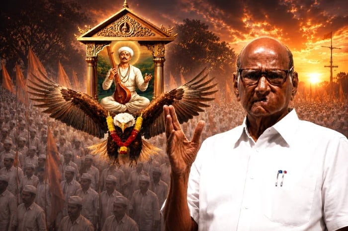 Composite image of Sharad Pawar beside Sant Tukaram Maharaj, a Garuda-like bird and Warkari crowd, linked to Vaikunthgaman remarks row.