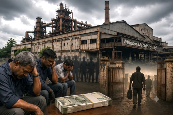 Distressed Windsor Machines workers sit outside a closed industrial factory, symbolizing Thane workers’ 25-year pending dues case.