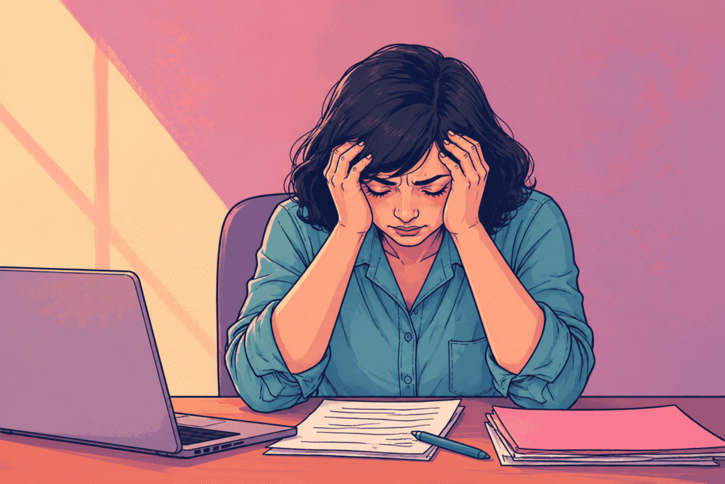 Illustration of a stressed woman at a desk with a laptop and papers, holding her head in distress from a toxic workplace and self-doubt.