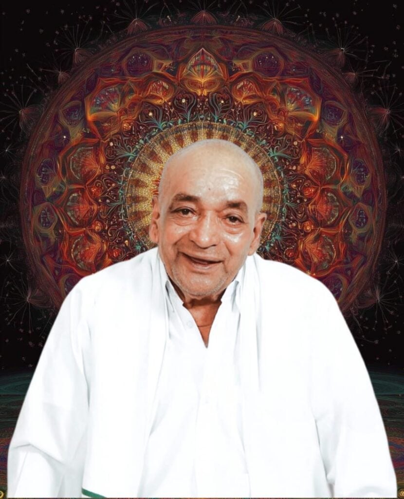 Portrait of Sadguru Subrahmanyam in white clothing before a radiant mandala, evoking Śrīkālahasti guru seva and Ramana Maharshi’s self-enquiry.