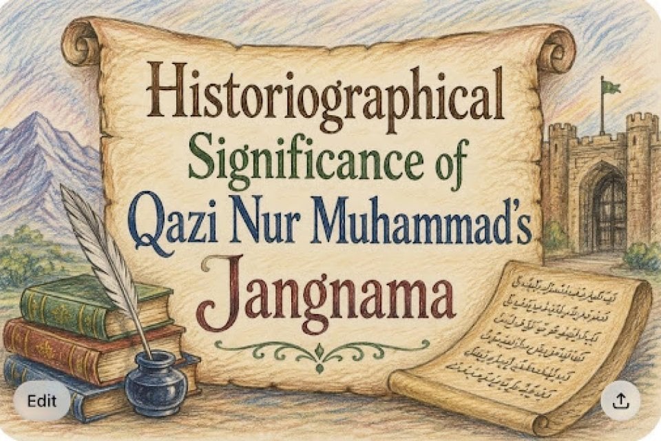 Illustrated parchment title for the historiographical significance of Qazi Nur Muhammad's Jangnama, with books, quill, scroll, fort, and mountains.