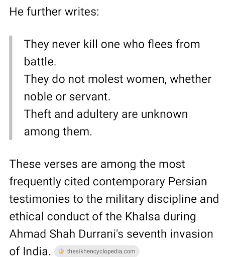 Screenshot of article text quoting Persian testimony on Khalsa discipline during Ahmad Shah Durrani's seventh invasion of India.