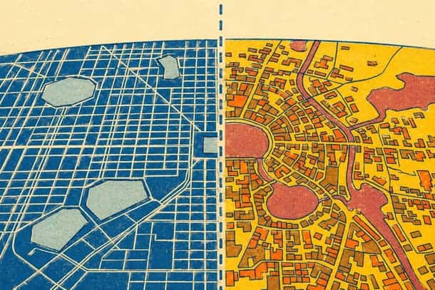Split color-coded city map contrasting blue planned grids with yellow dense development, illustrating Bharat infrastructure tracking and urban planning gaps.