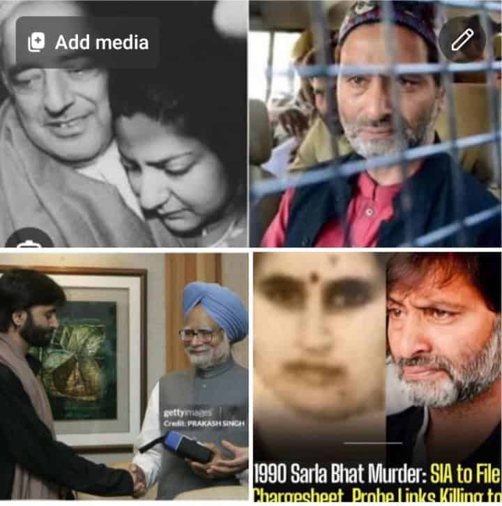 Collage of archival and news images on the Sarla Bhat case, Kashmiri Pandit persecution, Yasin Malik, and calls for justice in Bharat.
