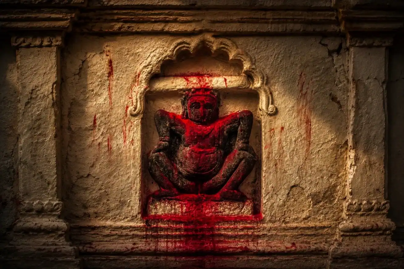 Weathered Hindu temple relief in Bharat showing a stone deity figure in a shrine niche covered with red ritual pigment, evoking Dharma, religion, and menstruation rites.
