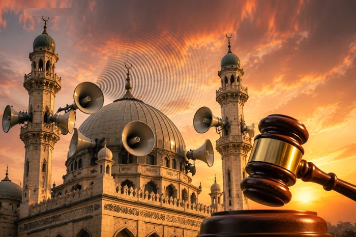 Illustration of a mosque with multiple loudspeakers and a judge’s gavel, symbolizing Bombay High Court action on illegal loudspeakers and noise pollution.