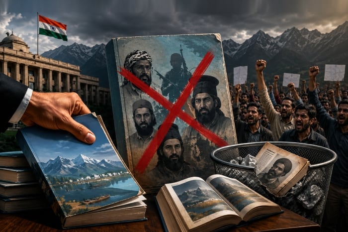 Illustration of Jammu and Kashmir school books, crossed-out militant portraits, Indian flag, protesters, and mountains symbolizing a government inquiry.