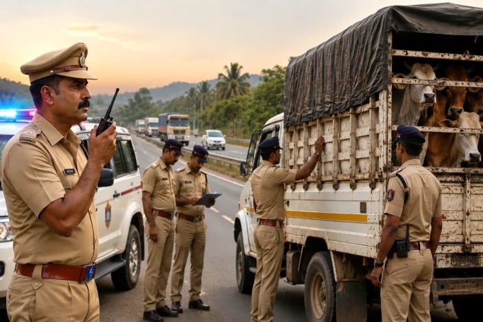 Police officers inspect a cattle transport truck at a roadside checkpoint, symbolizing official scrutiny in Jammu and Kashmir school book inquiry.